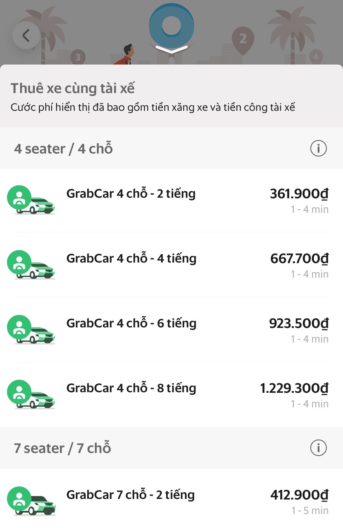 Grabのチャーター時間と車を選ぶ