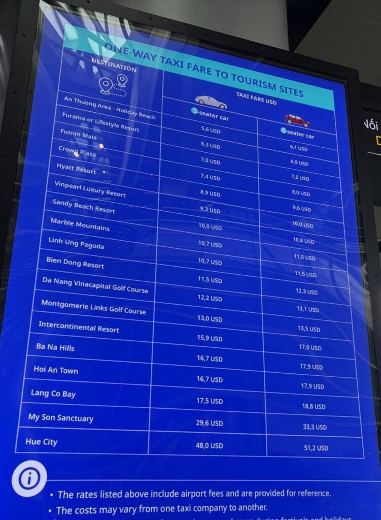 ダナン国際空港のタクシー料金の案内板（主要な観光地・ホテルまでの片道の目安、USD）